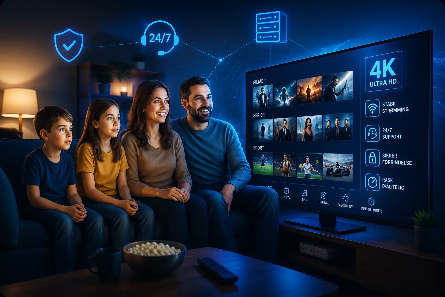 IPTV Norge 7 dagers prøveperiode Familie som tester IPTV Norge i 4K med trygg support
